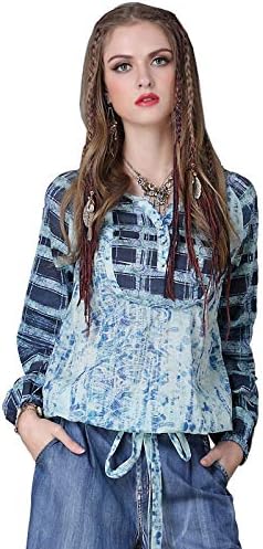 Amazon ジズル Zizzle レディース チェック柄 長袖 ブラウス ブルー ミディアム丈 ボヘミアン ファッション 向け シャツ ブラウス 通販
