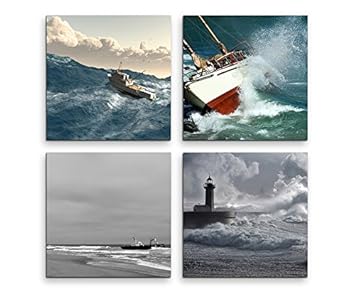 Sinus Art 4 Bilder Set Je 40x40cm Leuchtturm Wellen Meer