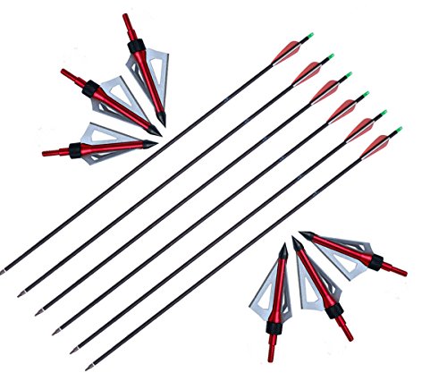 Huntingdoor Adult Carbon Arrows 30-Inch Hunting/Target Practice Archery Arrows with 3 Blade 100 Grain Broadheads Pack of 6