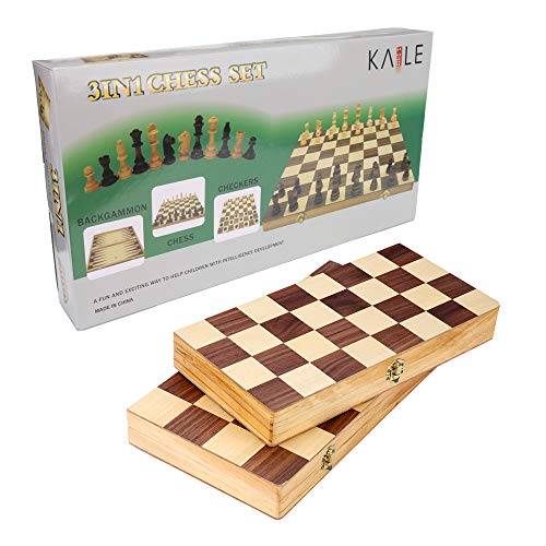 3-in-1 Wooden Chess Set & Checkers & Backgammon Set with Folding Carrying Case Folding and Travel Chess Board for Adults and Kids 15 inch