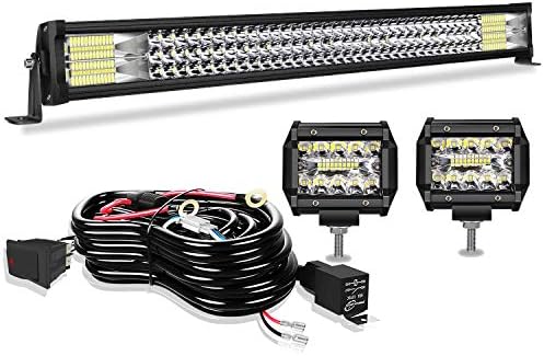 TERRAIN VISION LED Light Bar 32 Inch 441W Triple Row Spot Flood Combo Beam Led Bar 2Pc 4 Inch 60W Led Cubes Lights W/Wiring Harness for Jeep Trucks ATV Polaris UTV,1 Year Warranty