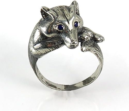 Watchful Wolf Ring - Sterling Silver Sculpted Resting Wolf or Dog Totem Ring set with Sapphires or another stone of your choice