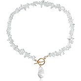 Baroque Pearl Drop stone Chip Choker Necklace For Women Toggle Clasp Boho Beaded Short Chain Adjustable Fashion Jewelry Three Hues White