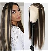 Maycaur Brown Color Pinao Highlights Hair Wigs Long Straight Synthetic Lace Front Wigs Platinum B...