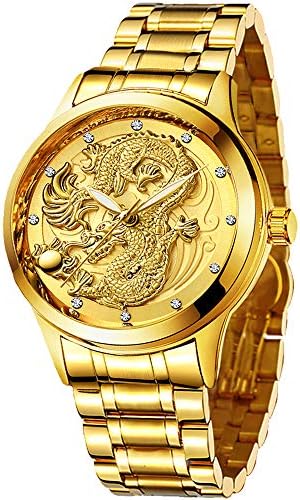 Udaney Mens 3D Gold Dragon Business Casual Quartz Wristwatch Stainless Steel Strap Best Gift for Father Husband Boyfriend