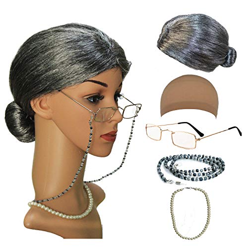 qnprt Old Lady Costume for Women, Kids 100 Days of School Grandma Wigs for Girls, Granny Costume Glasses for Halloween Adults,Style-2 - Thumbnail 7