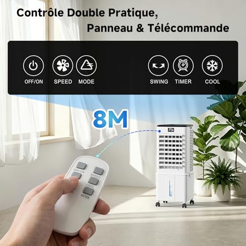 Upgraded 10L Silent Mobile Air Conditioner, 4-in-1 Air Cooler, Remote Control, 12H Timer, 3 Speed, Oscillation, Portable Air Conditioner for Camping Bedroom Kitchen (Elegant White)