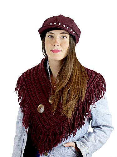 Cable Knit Button Collar Scarf with Fringe, Burgundy