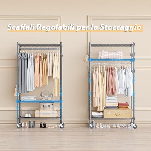 Himimi Double Coat Rack with Height-Adjustable Shelves, Coat Rack with 2 Hooks, Clothes Trolley with Wheels, 60 x 42 x 205 cm, Grey