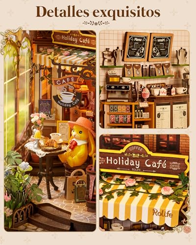 Rolife Book Nook Kit Houses Miniatures to Assemble Holiday Coffee Puzzle Wood 3D Adults with Lights Home Decoration Book Models to Build Adults Gift for Teacher Mother Children