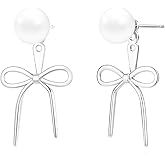 Sargetou Bow Earrings for Women,Sterling Silver Plated Pearl Bows Earring Ribbon Stud Earrings Drop Dangle Bow Tie Dainty Earrings Trendy Jewelry