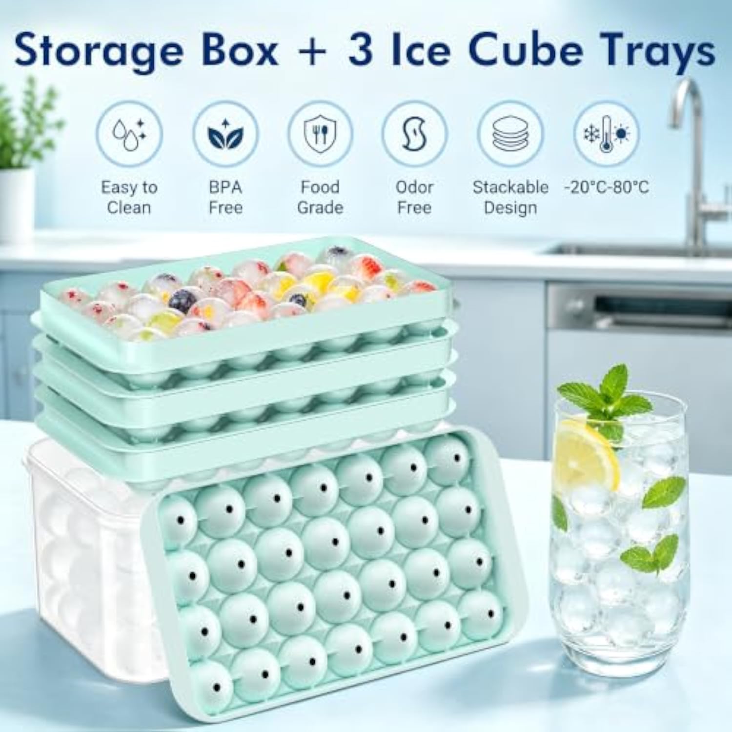 Ice Cube Tray with Lid and Bin - 3 Pack for 0.95 Inch Mini Ice Balls 50%OFF