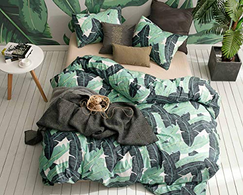 ECOCOTT 3 Pieces Duvet Cover Set Queen 100% Natural Cotton 1 Duvet Cover 2 Pillowcases, Tropical Banana Lush Leaves Printed Pattern Soft Cozy Luxury Breathable and Durable Bedding Set