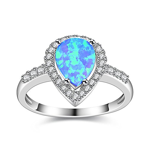 Dnswez Teardrop CZ Cubic Zirconia Blue Fire Opal Ring Silver Statement Band Ring(8)