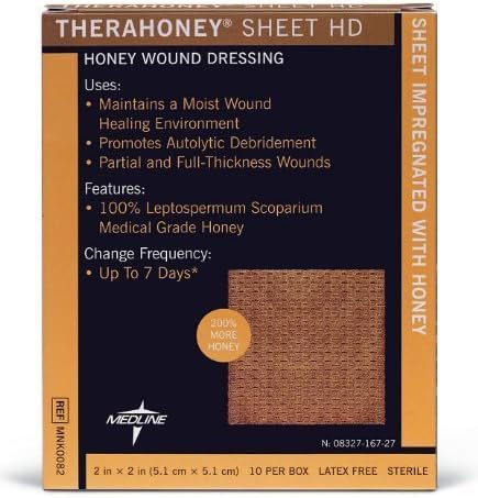 TheraHoney Sheet HD 2" x 2" (Box of 10) Gauze Honey Wound Dressing, Medline # MNK0082 by Medline