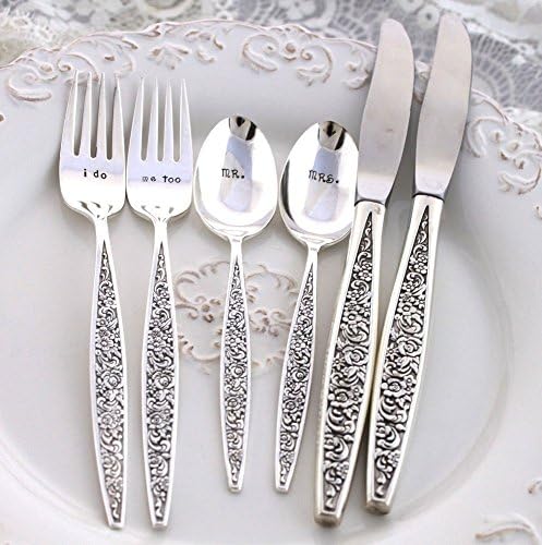 WEDDING FORKS, SPOONS &amp; KNIVES ~ HAND STAMPED WEDDING SET - Nice ENGAGEMENT Gift - Keepsake Gift - TANGIER 1969 ~ Silver Plate ~