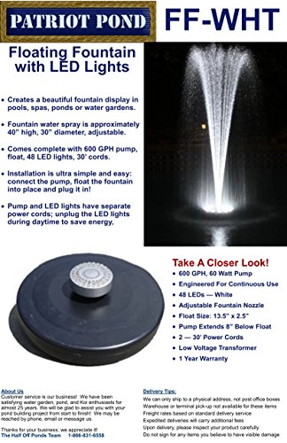 Ocean Mist Small Floating Fountain 48 White LED Lights 600GPH Submersible Pump Ponds, WaterGardens Swimming Pools