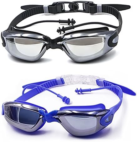 Swim Goggles Attached Earplug and Case; Adjustable, Anti Fog, No Leak, UV Protection with Extra Set Earplugs (1 Black &amp; 1 Blue)