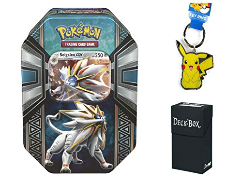 Pokemon Solgaleo GX Tin with Solgaleo GX Pokemon Card, 4 Factory Sealed Pokemon Booster Packs, Pikachu Keychain and Ultra Pro Deck Box Bundle