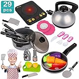 Kids Kitchen Pretend Play Set - 29Pcs Kitchen Toys Including Induction Cooker with Light Sound, Apron&Chef Hat, Cookware Utensils, Cutting Food Playset Accessories for Toddlers Girls Boy Birthday Gift