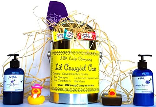 LIL COWGIRL CAN LAVENDER TREASURE HAPPY BIRTHDAY ENCOMPASSES 8OZ LAVENDER TREASURE SHAMPOO AND CONDITIONER,3OZ LAVENDER GLYCERIN SOAP WITH RUBBER DUCKIE,3 HAPPY BIRTHDAY MINTS ,PURPLE BANDANA AND A SASSY DUCKIE IN A ECO FRIENDLY PAINT CAN PERFECT FOR THAT HONEY DO LIST.