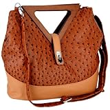 Exotic Brown / Tan Ostrich Turnlock Wood Triangle Handles Shopper Tote Handbag