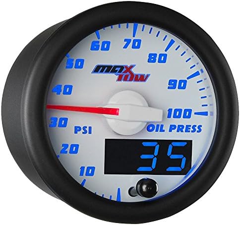 MaxTowDouble Vision 100 PSI Oil Pressure Gauge Kit - Includes Electronic Sensor - White Gauge Face - Blue LED Illuminated Dial - Analog & Digital Readouts - for Trucks - 2-1/16" 52mm