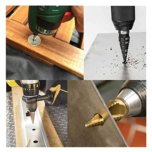 Step Drill Bit Set with Automatic Center Punch- Titanium Coated, Double Cutting Blades, High Speed Steel, Short Length Drill Bits Set of 5 pcs, Total 50 Sizes with Aluminum Case, Multiple Hole Step
