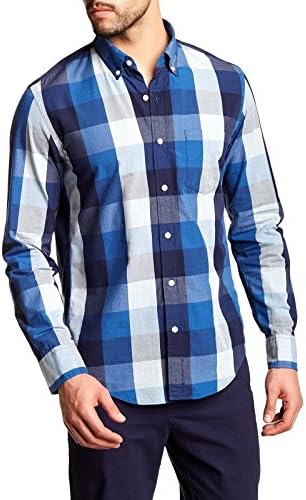 J Crew Factory - Men's - Indigo Blue Buffalo Check Plaid Long Sleeve Slim Fit Washed Shirt (Small)