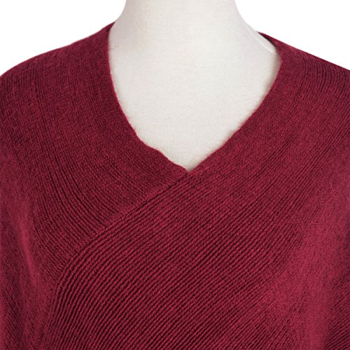 TrendsBlue Premium Solid Color Soft Knit Fringe Winter Poncho Shawl Wrap Cape, Burgundy - Thumbnail 5