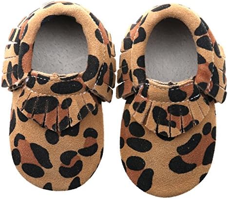 Pidoli Baby Girls Genuine Leather Soft Sole Moccasins Infant Toddler (3 US6M 12-18Month 13cm 5.11” Toddler, Leopard Suede)