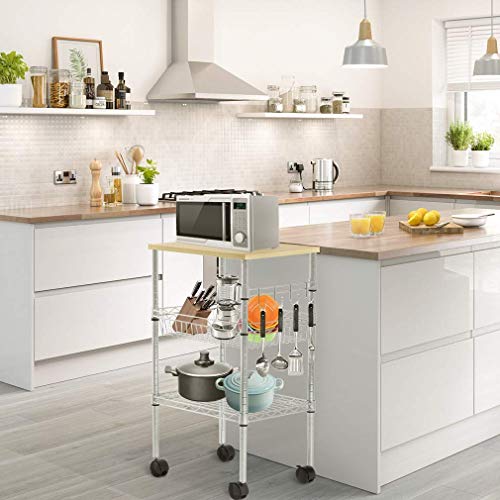 Heavy Duty Utility Cart Wire 3 Tier Rolling Cart Organizer NSF Kitchen Cart on Wheels Metal Microwave Cart Large with Wire Shelving and Microwave Table Heavy Duty Commercial Grade, Wood/Chrome