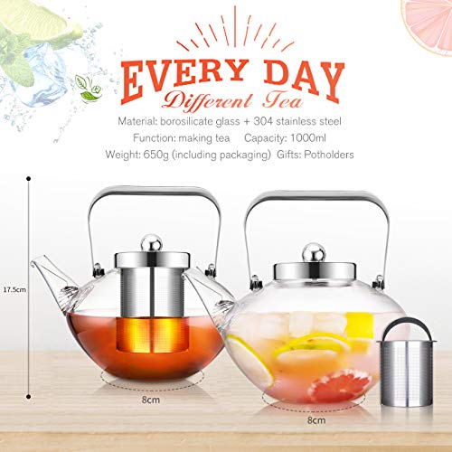 SULIVES Glass Teapot with Stainless Steel Infuser & Lid, Borosilicate Glass Flower Tea Kettle Stovetop Safe, Blooming & Loose Leaf Teapots, 34 oz / 1000 ml