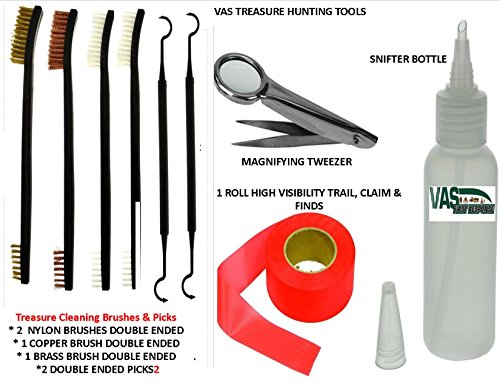 VAS Treasure Hunters and Metal Detectors Tool Belt 2 | Utility Tool Belt | Coin Probe | Hand Trowel | Cleaning Kit Brushes/Picks / Mag Tweezers | Treasure Bag | 5lb Pen Separator