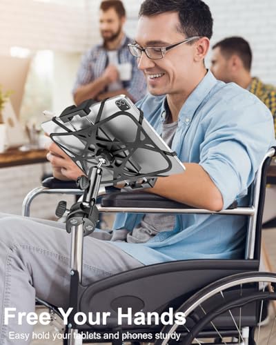 Metal iPad Tablet Mount for Boat Helm, Wheelchair Pole, Golf Cart, Stroller, Mic Stand, Fitness bike, Road Mountain Bicycle - 360° Adjustable Handlebar Clamp for 4.7-13" iPad Pro, Air, Mini, Galaxy