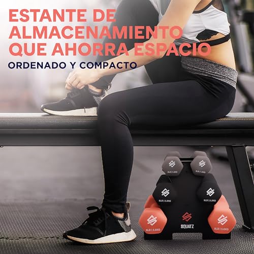 Squatz Set de Mancuernas con Soporte 14.5kgs, Pesas de Neopreno Antideslizantes Hexagonales, Juego de Dumbbells para Fitness, Entrenamiento, Yoga y Ejercicio en Casa