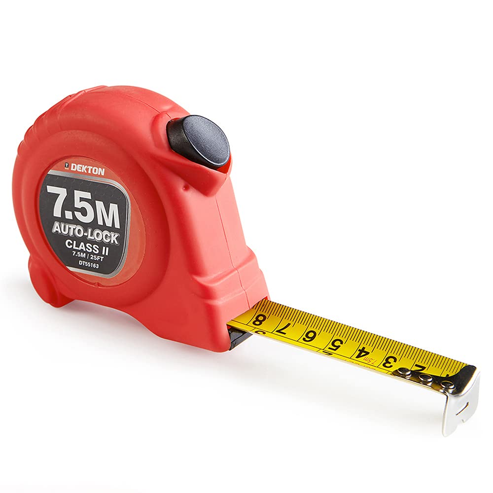 Dekton Hi Vis Green Soft Grip Autolock Tape Measure 7.5m X 25mm- 7.5m/25ft-Hi-Vis Soft Grip| Impact Resistant Case| Metric Units| Belt Clip| Auto-lock| Secure Auto-lock Mechanism, Comfortable Grip