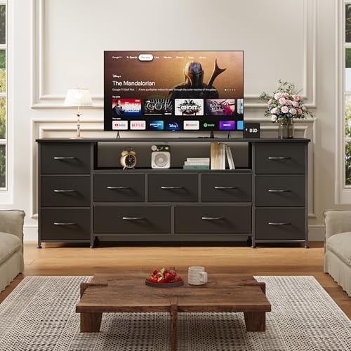 Vermess 63" W Dresser for Bedroom with Charging Station 11 Drawer Dressers & Chests of Drawers Dresser TV Stand for Bedroom for 65 70 75 Inch TV, Metal Frame & Fabric Drawers, Black
