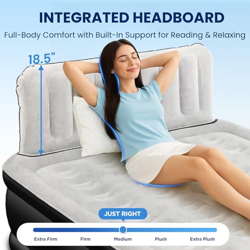 Queen Air Mattress with Headboard, Built-in Pump, 800 lbs Heavy-Duty Support, 19" Raised Upgraded Comfort, 48-Hour Leak-Tested, 3.5 Min Inflatable Portable Blow Up Mattress for Home, Guest & Camping