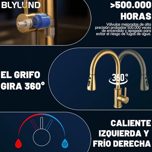BLYLUND Grifos de cocina Dorado, moderno grifo de fregadero de cocina sus304 de acero inoxidable de un solo mango grifo de la cocina, oro cepillado