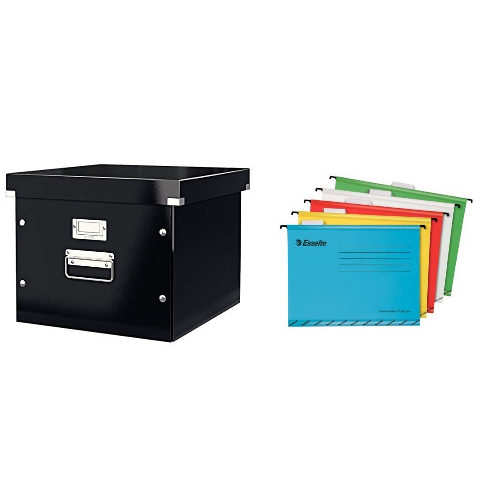 Leitz Suspension File Box, A4, Click and Store Range 60460095 - Black & Esselte 93042 Classic A4 Vertical Suspension Files - Assorted Colours, Pack of 10