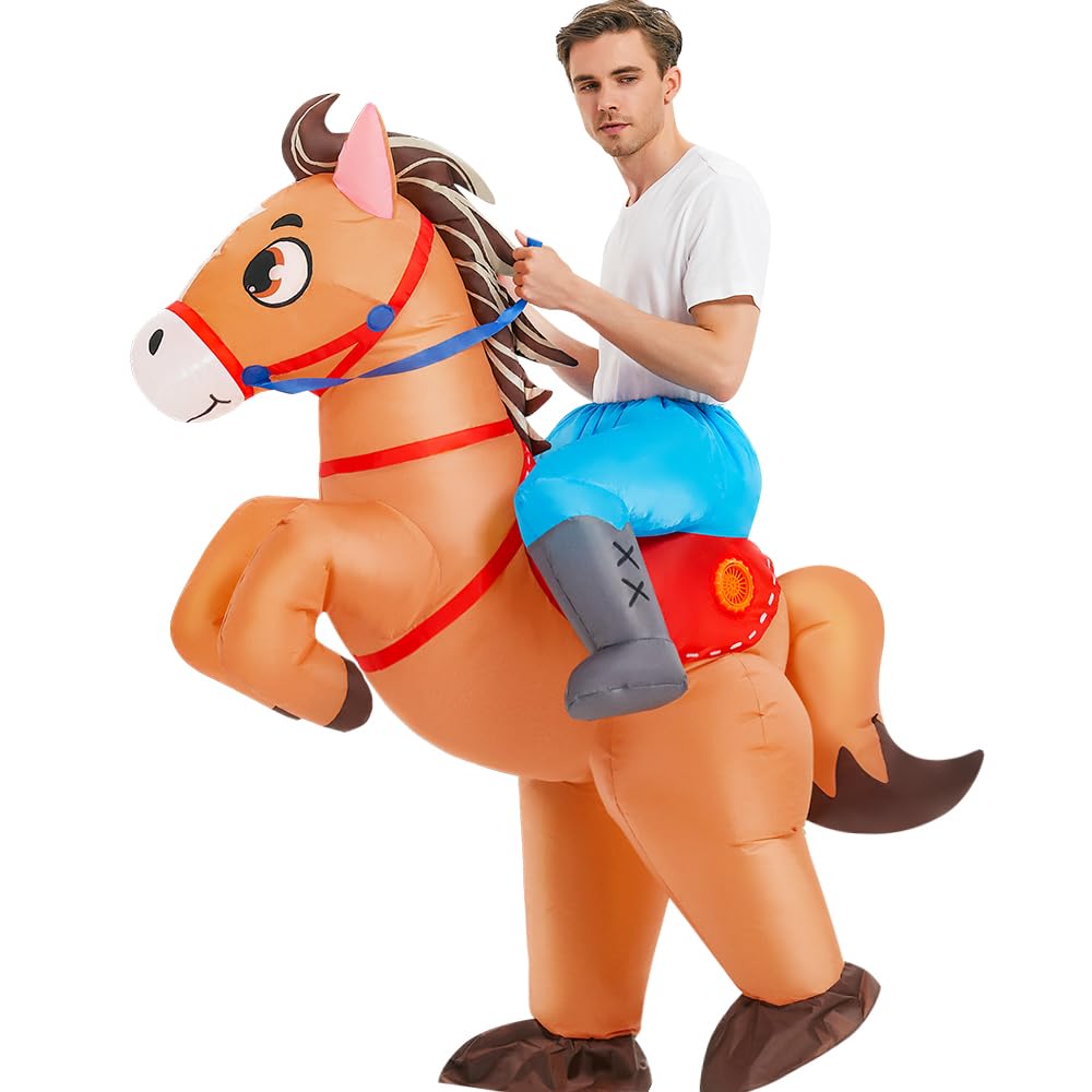 Photo 1 of KOOY Inflatable Horse Costume Adult Blow Up Riding Cowboy Cowgirl Costume Funny Ride On Horse Suit for Men Women Halloween Party