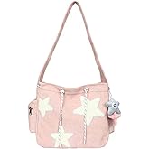 Corduroy Crossbody Bag for Women Y2k Aesthetic Star Patches Messenger Bag Cute Shoulder Tote Bag with Kawaii Pendant