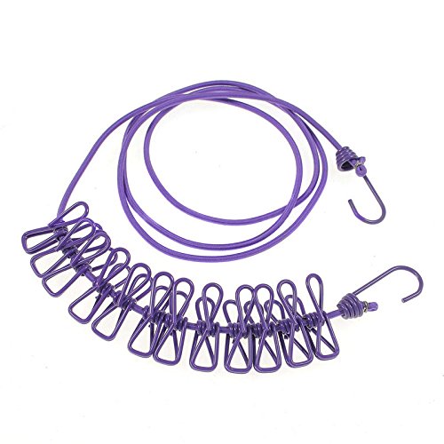 NUZAMAS 12 Pegs Clips Clothesline Portable Expandable Adjustable Retractable Airer for Camping Travel Clothes Laundry Drying Outdoor and Indoor Use Purple