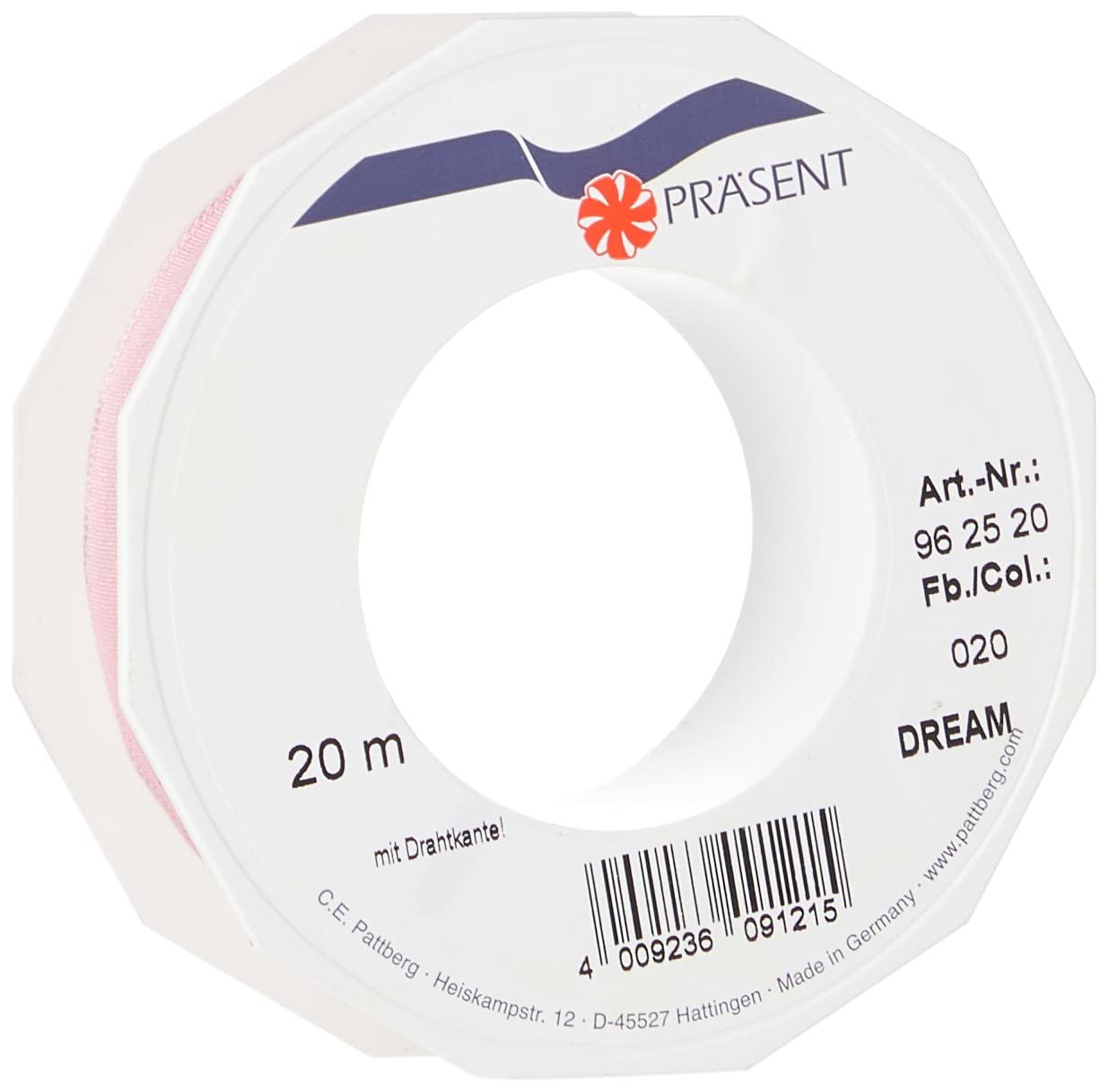 C.E. Pattberg DREAM Ribbon With Wired Edges - cloud of powder, 20 m Gifts Band For Colourful Presents, 25 mm Width, Decorative Ribbon For Christmas, Easter, Baby Showers, Wedding Presents, Etc - Easy To Form