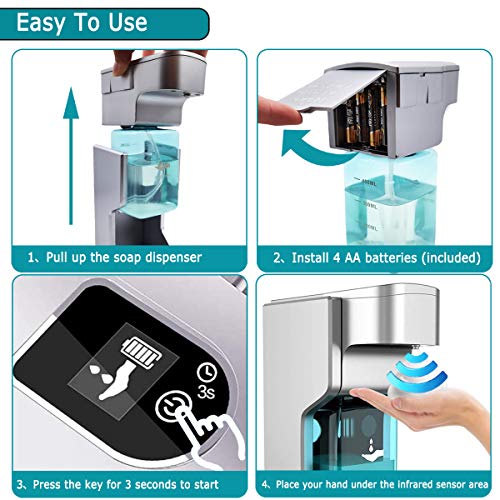 XUNPAS Automatic Soap Dispenser, Touchless Soap Dispenser with Adjustable Switches Infrared Motion Sensor Waterproof Base Suitable for Bathroom Kitchen Hotel Restaurant(Silver-4AA Battery)