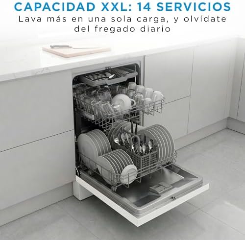 Lavavajillas 60 cm+++ Blanco para 14 servicios - Lavaplatos libre instalación - Compacto con 10 Programas de Lavado integrable - Filtro Antibacterias y Programación Horaria Nuevo Modelo