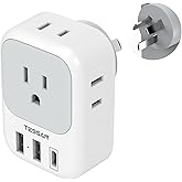 Australia New Zealand Power Adapter, TESSAN Type I Travel Adaptor with 4 American Outlets 3 USB Charger (1 USB C Port), Plug for US to Australian China Argentina Fiji Cook Islands AU