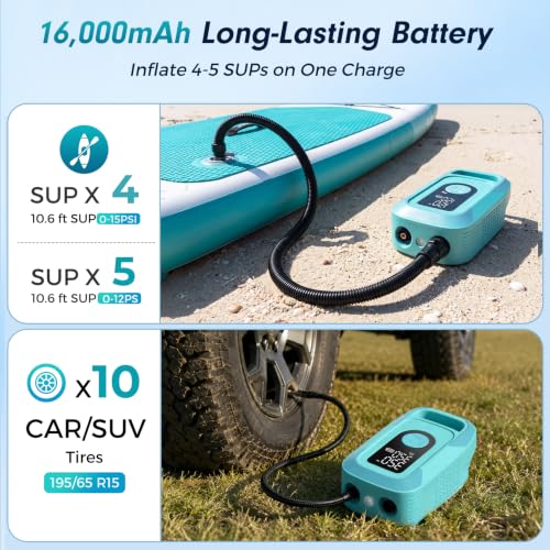 150PSI Electric Paddle Board Pump, 16000mAh Cordless Rechargeable SUP Pump with LED Light, Intelligent Triple Stage Inflation & Deflation, Auto-Off for Stand Up Paddle Boards, Surfing Kite, Tent, Boat