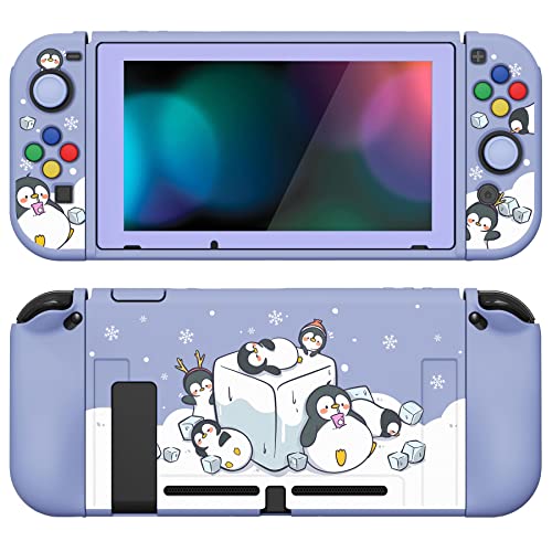 PlayVital ZealProtect Soft Protective Case for Nintendo Switch, Flexible Cover Protector for Switch with Tempered Glass Screen Protector & Thumb Grips & ABXY Direction Button Caps - ICY Cube Penguin